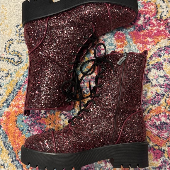 Michael Kors Bryce Leather Platform Combat Boot - maroon glitter - 8&1/2 - Picture 1 of 9